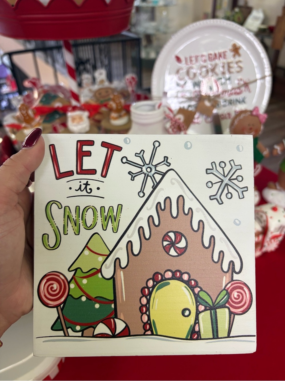 Let It Snow Gingerbread House Sign - Green & Red Holiday Décor